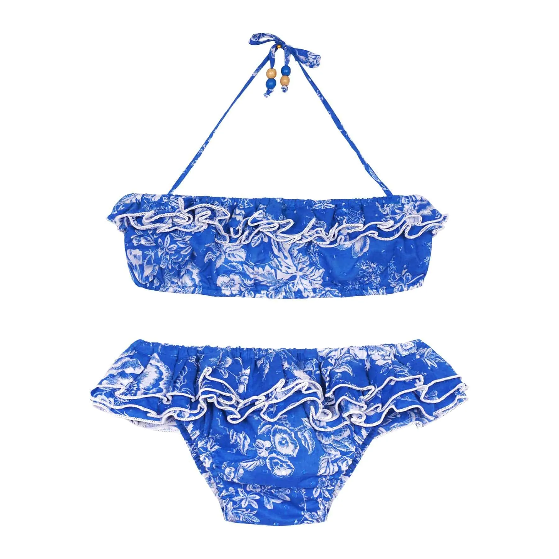2-piece girl’s swimsuit | royal blue floral ruffles | SWAN