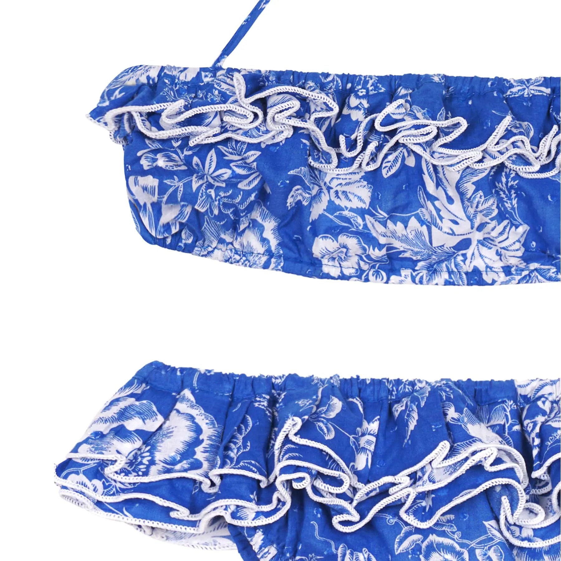 2-piece girl’s swimsuit | royal blue floral ruffles | SWAN