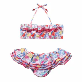 2-piece swimsuit for girls | red and blue parasols | SWAN