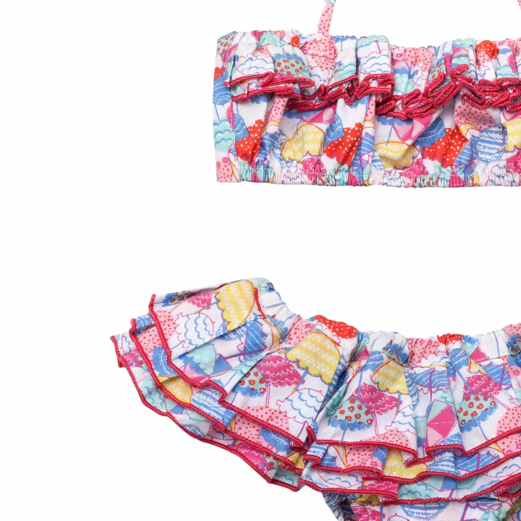 2-piece swimsuit for girls | red and blue parasols | SWAN