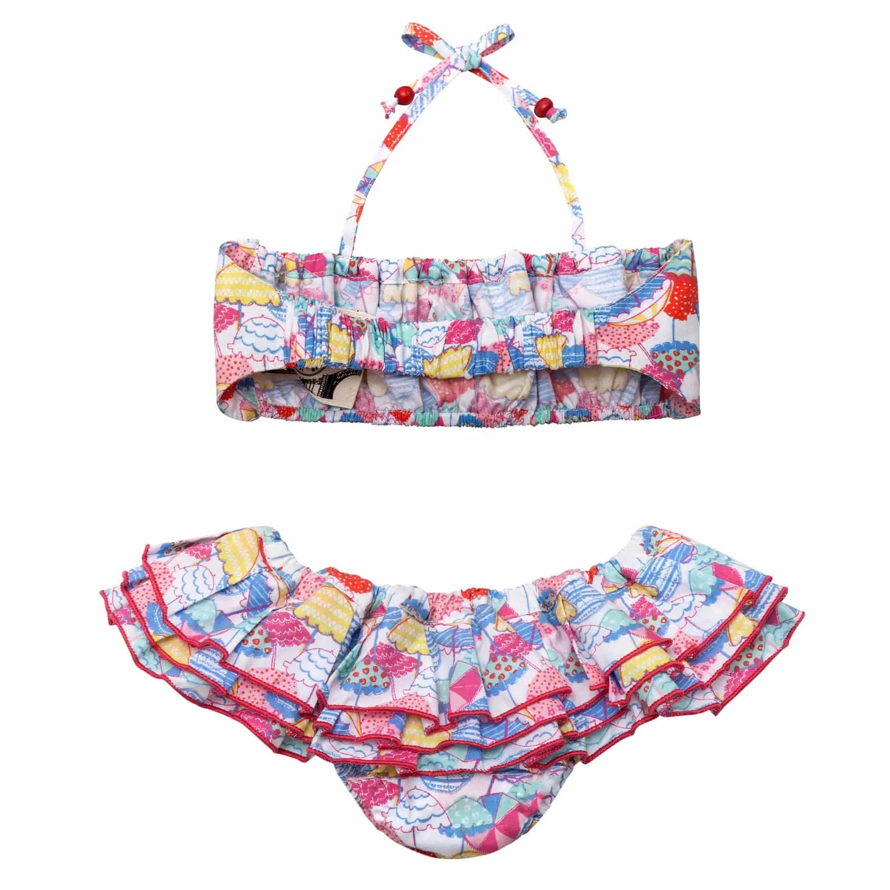 2-piece swimsuit for girls | red and blue parasols | SWAN